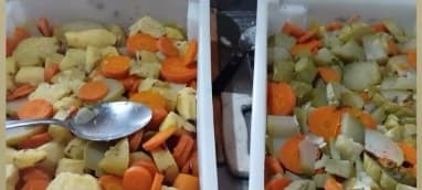 Refeição preparada no abrigo: ração com legumes cozidos, como cenoura e batata, servida em bandejas